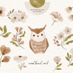 Aquarell Eule Clipart - Boho Hand bemalt niedlichen Wald Tier - botanische Blumen für Baby Kindergarten - ClipArt für Kinder-Party