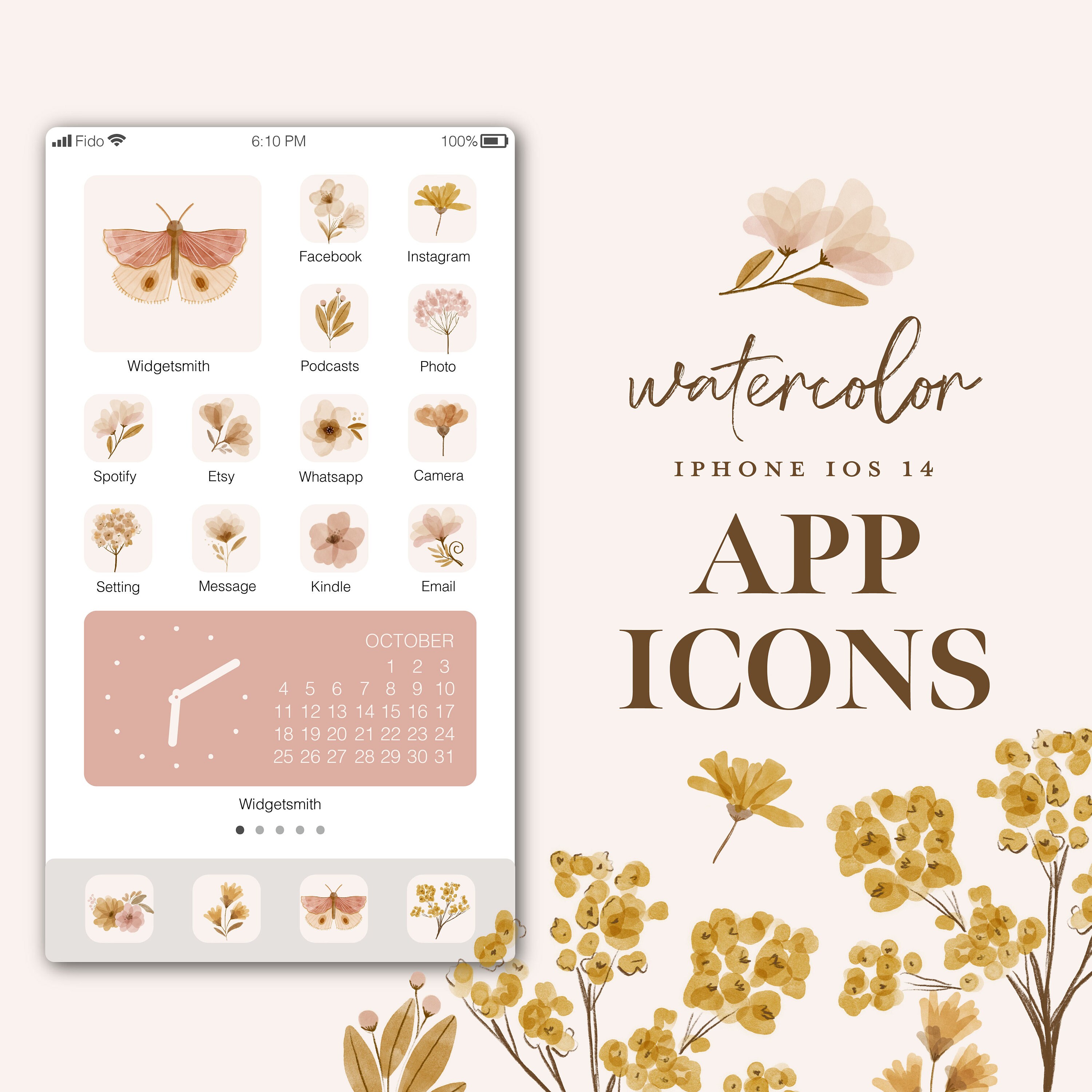 Download Iphone Ios14 App Icons Pack Boho Watercolor Vintage Botanical Etsy