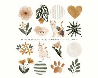 cat instagram story highlight icons - watercolor pets instagram highlight cover - hand painted cute Kitten clipart - neutral boho houseplant