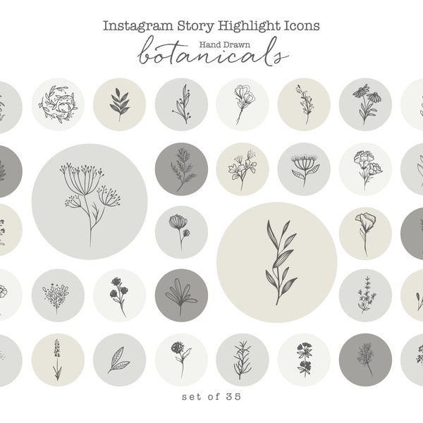 cool grey Instagram Story Highlight Icons Hand Drawn sketch botanical flower earthy neutrals social media icons bloggers clipart