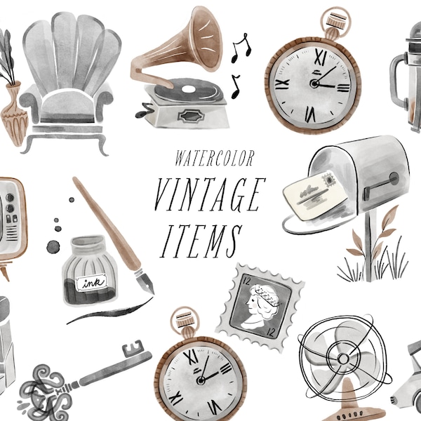 vintage watercolor clipart antique furniture blogger photographer coffee black ink neutral brown author