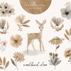 Wald Hirsch Aquarell Clipart Vintage botanische Boho handbemalt Kinder Kinder Kinder Kinder Baby Blume Pflanzen Boho ClipArt