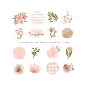 watercolor boho instagram story highlight icons coral peach pink flowers floral hand painted clipart plants leaves botanical