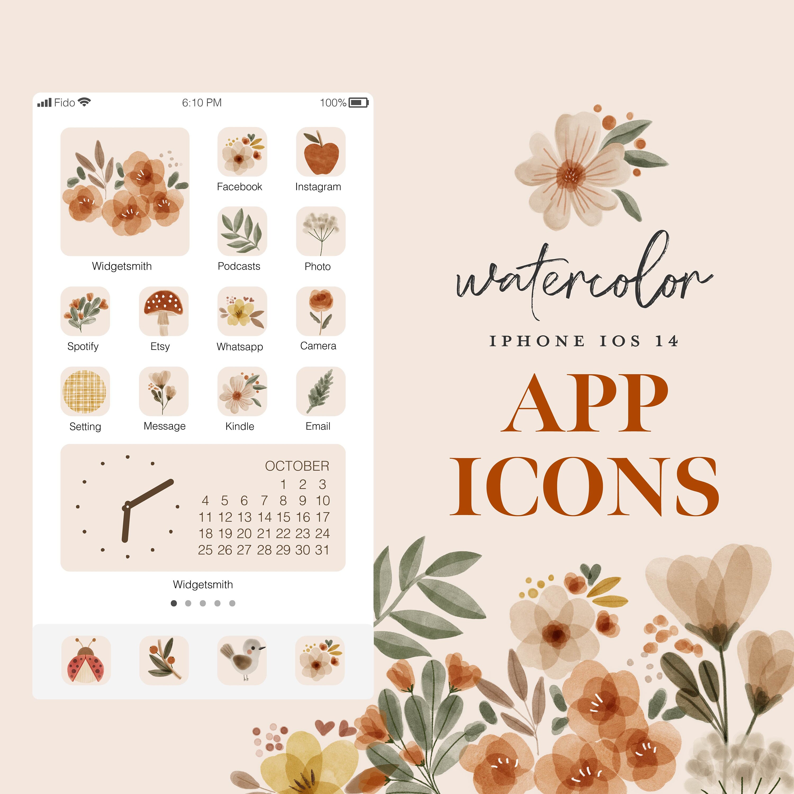 Download Boho Watercolor Iphone Ios14 App Icons Pack Neutral Vintage Etsy