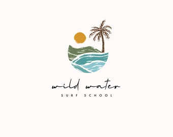 premade boho sun logo design - sunset summer beach - organic sunshine - sunrise travel photography - tropical island - ocean waves palm tree