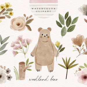 Wald Bär Aquarell Clipart Vintage botanische Boho handbemalt Kinder Kinder Kinder Baby Blume Pflanzen Boho ClipArt