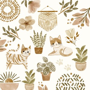 Aquarell Katzen Clipart - handgemalte Haustiere - Handgezeichnete tropische Zimmerpflanzen - Monstera Kunst - boho neutrale Kätzchen - süßes Tier