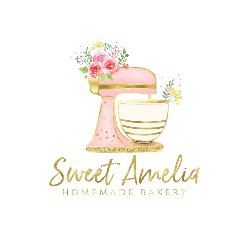 Watercolor Cake Mixer Bakery Logo Design Premade Pink Gold Etsy