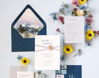 Minimalist Wedding Invitation with Lavender Silk Ribbon and Blush Wax Seal with Cobalt Blue Envelopes and Mountain Envelope Liner