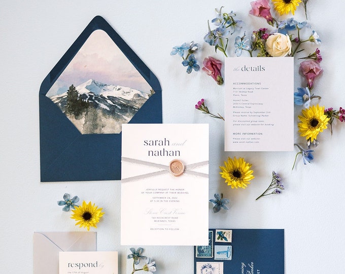 Minimalist Wedding Invitation with Lavender Silk Ribbon and Blush Wax Seal with Cobalt Blue Envelopes and Mountain Envelope Liner