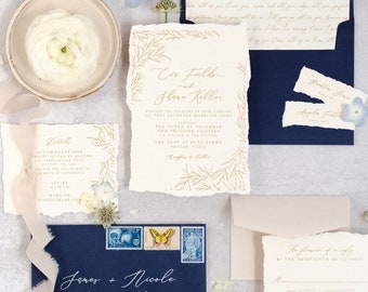 Fine Art Romantic Wedding Invitation, Torn Edges in Gold Calligraphy and Delicate Hand Drawn Leaves, Ribbon & Wax Seal — Other Colors