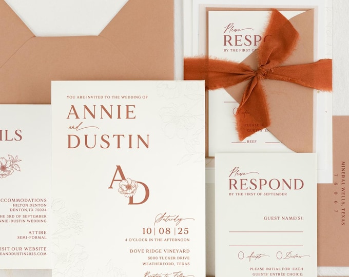 Embossed Floral Wedding Invitation: Blush Sepia with Monogram and Silk Ribbon