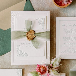 Destination Miami Wedding Invitation with Tropical Palm Leaves, Blind Deboss, Letterpress, Green Silk Ribbon, Gold Wax Seal & Addressing