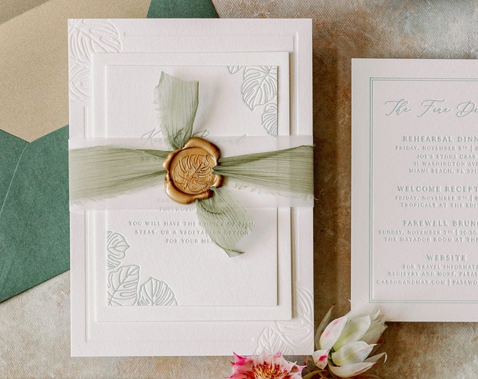 Destination Miami Wedding Invitation with Tropical Palm Leaves, Blind Deboss, Letterpress, Green Silk Ribbon, Gold Wax Seal & Addressing