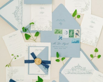 The Olana Dallas Texas Venue Illustration Wedding Invitation with Floral in Dusty Blue and Green with Deckled Edges, Ribbon & Gold Wax Seal