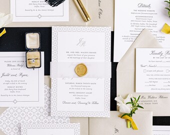 Black and Gold Letterpress Wedding Invitation: Geometric Frame & Vellum Band
