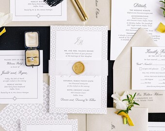 Classic Black and Gold Letterpress Wedding Invitation with Geometric Frame, Details Insert & Vellum Band and Wax Seal (Other Colors)