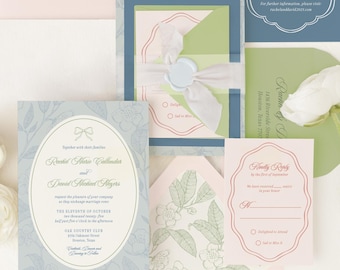Playful Floral and Wedding Invitation: Blue, Blush, and Green with Ribbon and Wax Seal