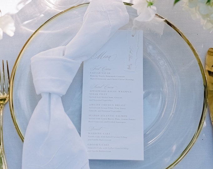 Classic Gold and White Wedding Menu with Ivory Place Card Escort Card Tag Attached with Ribbon — Different Colors Available!