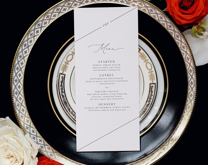 Minimalist Menu in Black & White Wedding Menu with Simple Modern Calligraphy Script — Available in Other Colors!