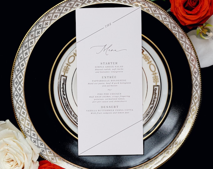 Minimalist Menu in Black & White Wedding Menu with Simple Modern Calligraphy Script — Available in Other Colors!