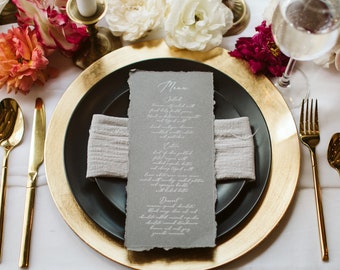 Vintage Deckled Edge Grey Menu with Ripped Edges, Delicate White Calligraphy Script, Printed Menu — Other Colors Available