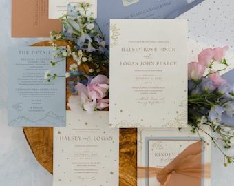 Celestial Wedding Invitation: Envelope Liner, Silk Ribbon, Blue, and Pink Stationery