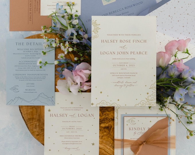 Celestial Wedding Invitation: Envelope Liner, Silk Ribbon, Blue, and Pink Stationery