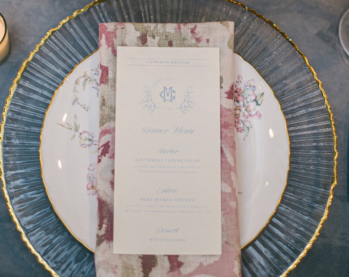 Blush Pink & White Floral Wedding Menu with Simple Modern Calligraphy Script — Available in Other Colors!