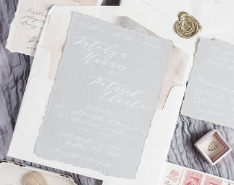 Deckled Edges Calligraphy Wedding Invitation White Ink on Gray Paper, Modern & Minimal with Wax Seal — Envelope Liner and Address Printing