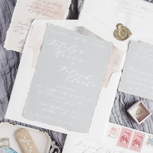 Deckled Edges Calligraphy Wedding Invitation White Ink on Gray Paper, Modern & Minimal with Wax Seal Envelope Liner and Address Printing image 1