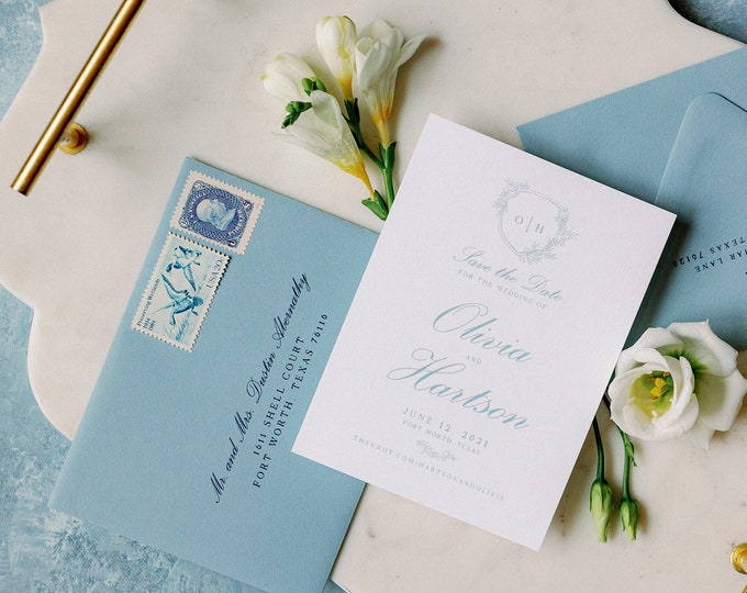 Classy Save the Date with Monogram Crest with Greenery in Dusty Blue with Envelope and Addressing — Other Colors!