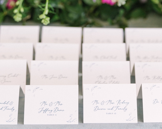 Line Drawn Floral Tent Place Cards / Escort Cards in Dusty Blue and Slate Blue with Printed Guest Name — Different Colors Available!