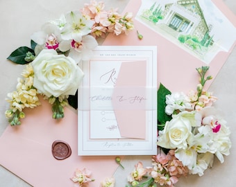 Blush Pink Wedding Invitation Featuring Custom Venue Illustration, Vellum Belly Band and Calligraphy Script - Other Colors Available