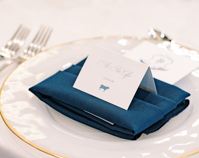 Tented Folding Place Cards / Escort Cards in Dusty Blue and Guest Meal Choice Icon and Guest Name — Different Colors Available!