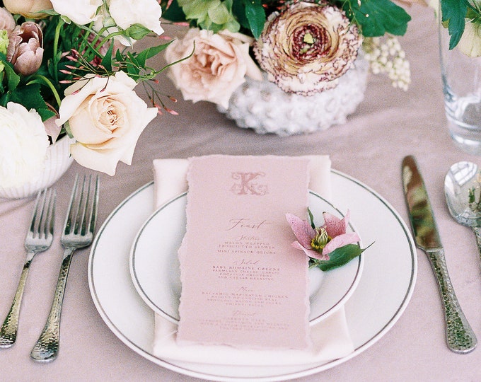 Elegant Monogrammed Blush Pink Wedding Menu with Ripped Edges, Formal Script, Printed Menu — Other Colors Available