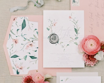Blush Floral & Greenery Leaves Wedding Invitation with Moder Calligraphy and Envelope Addressing - Other Colors
