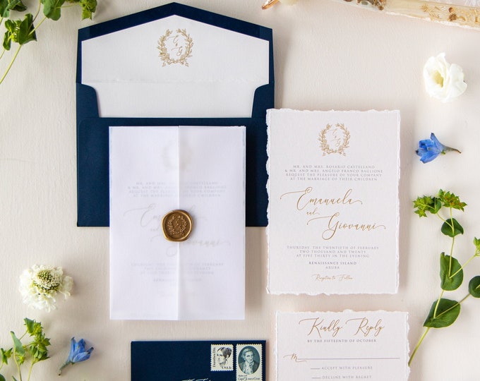 Gold Wax Seal Vellum Jacket Enclosed Wedding Invitation in Navy with Deckled Edges and Wreath Monogram on Pale Pink Paper - Other Colors