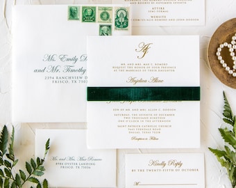 Classic & Elegant, Formal Monogram Wedding Invitation with Green Velvet Band, Metallic Gold Thermography, Liner and Addressing — More Colors