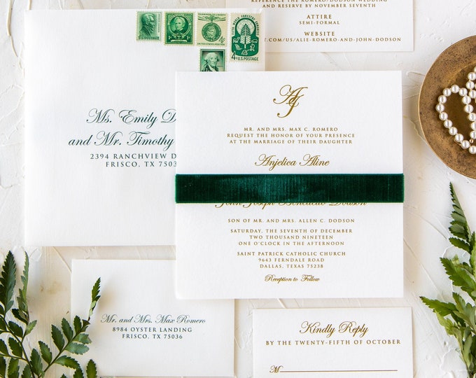 Classic & Elegant, Formal Monogram Wedding Invitation with Green Velvet Band, Metallic Gold Thermography, Liner and Addressing — More Colors