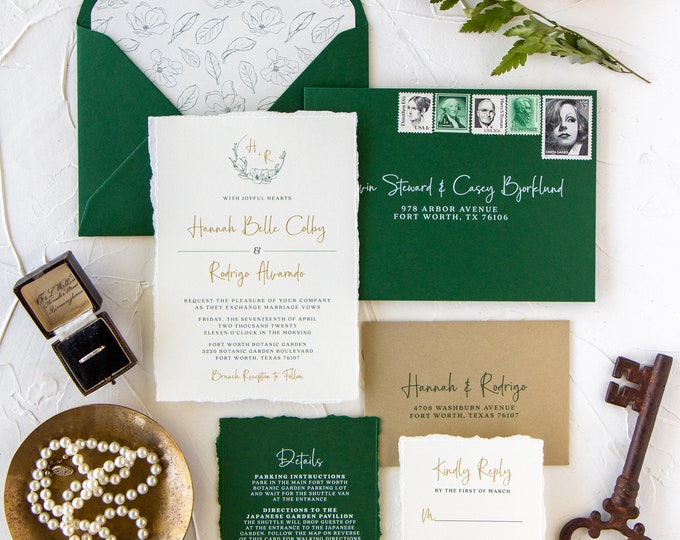 Metallic Gold & Emerald Green Wedding Invitation with Torn Edges, Soft Floral Monogram Wreath, Envelope Liner and Calligraphy — Other Colors