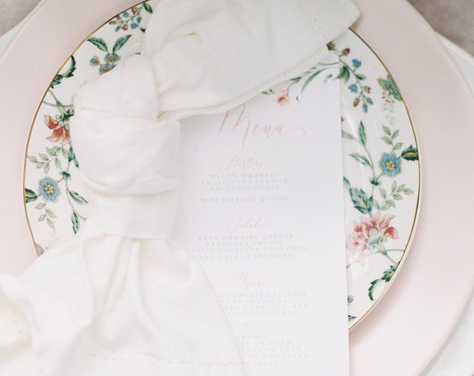 Blush Floral and Greenery Printed Wedding Menu with Soft Pink Calligraphy Script on White Paper — Different Colors Available!