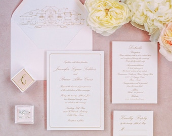 Light Pink Blush and Champagne Gold Modern Minimal Wedding Invitation Suite with & RSVP — Different Colors Available!