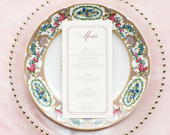 Pale Pink Elegant Menu with Simple Frame and Formal Script in Burgundy, Marsala & Blush — Different Colors Available!