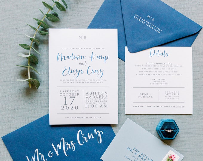 Navy Blue & White Modern Wedding Invitation, Simple Design, Fun Calligraphy Script, Belly Band and Address Printing — Other Colors