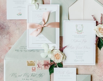 Custom Floral Water Color Monogram Crest in Pale Pink, Blush & Silver with Satin Ribbon, Envelope Liner and Guest Addressing — Other Colors!