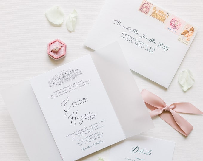 Custom Wedding Venue Sketch Illustration Invitation with Vellum Wrap in White with Blush Satin Ribbon - Other Colors Available!