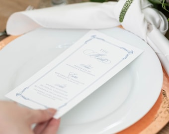 Bordered Navy & White Wedding Menu with Frame Design and Modern Calligraphy Script — Available in Other Colors!