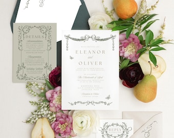 Wedding Invitation with Illustrated Bows, Birds and Butterflies in Green and Gold with Envelope Liner, Velvet Ribbon and Gold Wax Seal