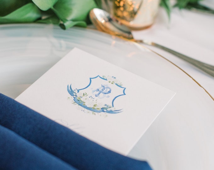 Water Color Monogram Wedding Menu in Pale Blue and Navy with Simple Modern Calligraphy Script — Available in Other Colors!